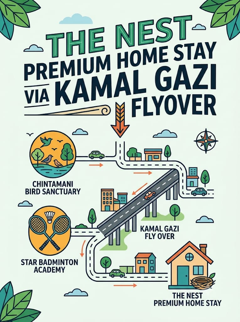 Route map to The Nest Premium Home Stay via Kamal Gazi Flyover, passing Chintamani Bird Sanctuary and Star Badminton Academy